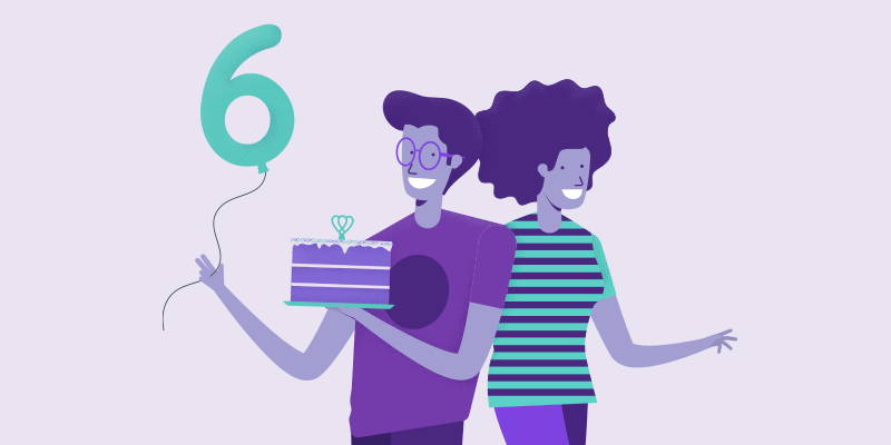 Ilustração de uma mulher e um homem segurando um bolo e um balão com o número 6 para comemorar o aniversário da Agenda Edu